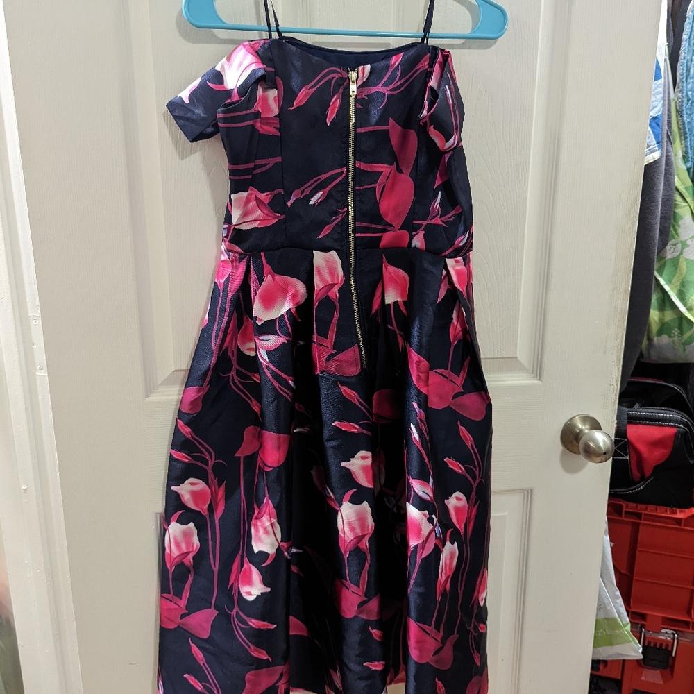 Unique Vintage Blue & Pink Floral Fit & Flare Mid Length Formal Dress - Medium - Picture 3 of 11
